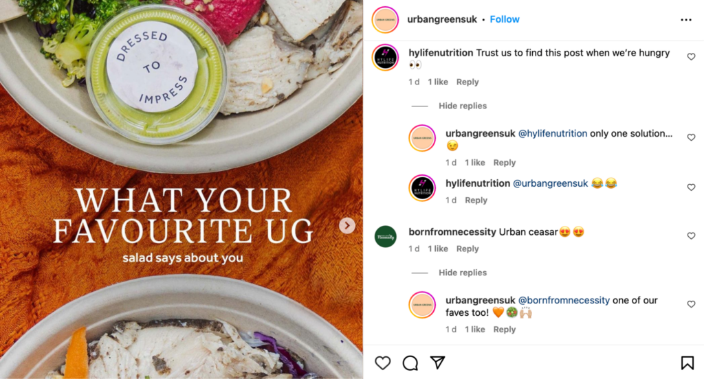 Example of a restaurant replying to customer comments on Instagram