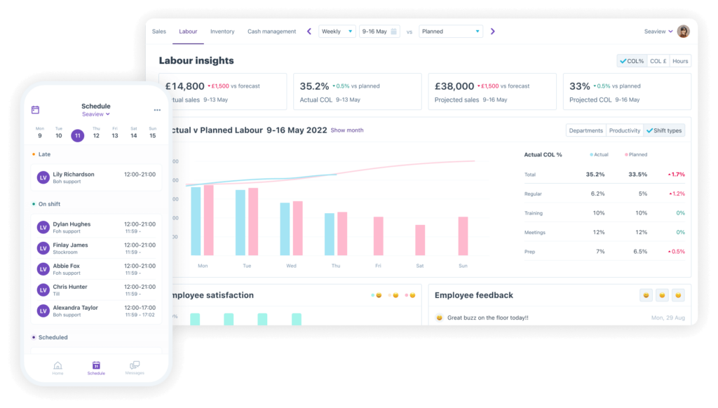 Nory labour insights and employee schedule on desktop and mobile app