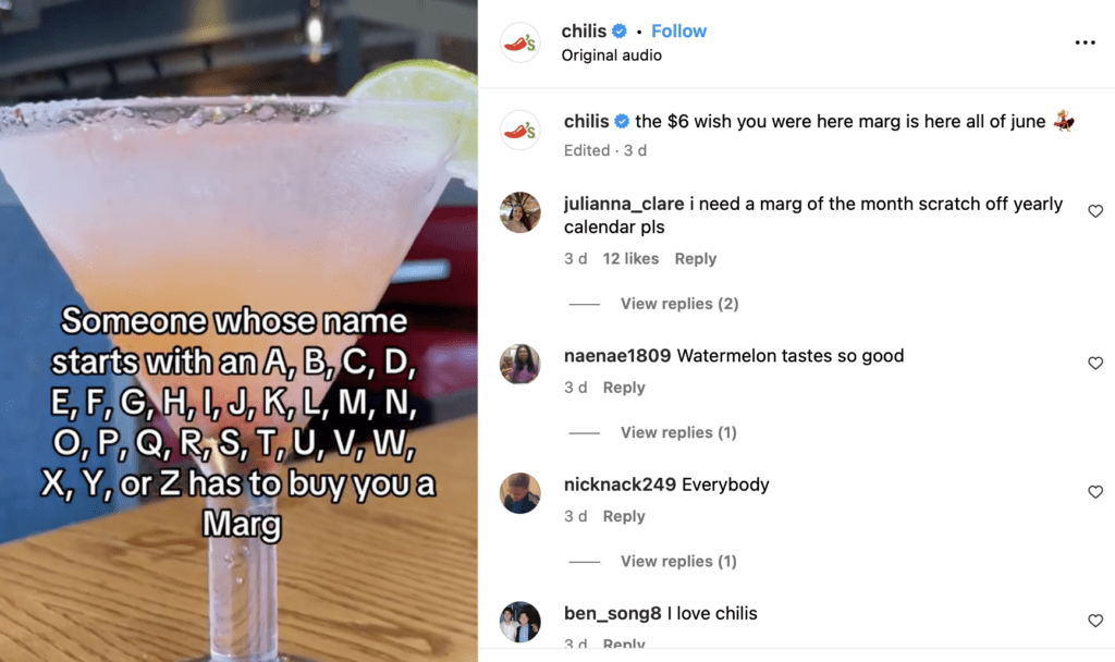 Visual of a funny post on Chili's Instagram feed