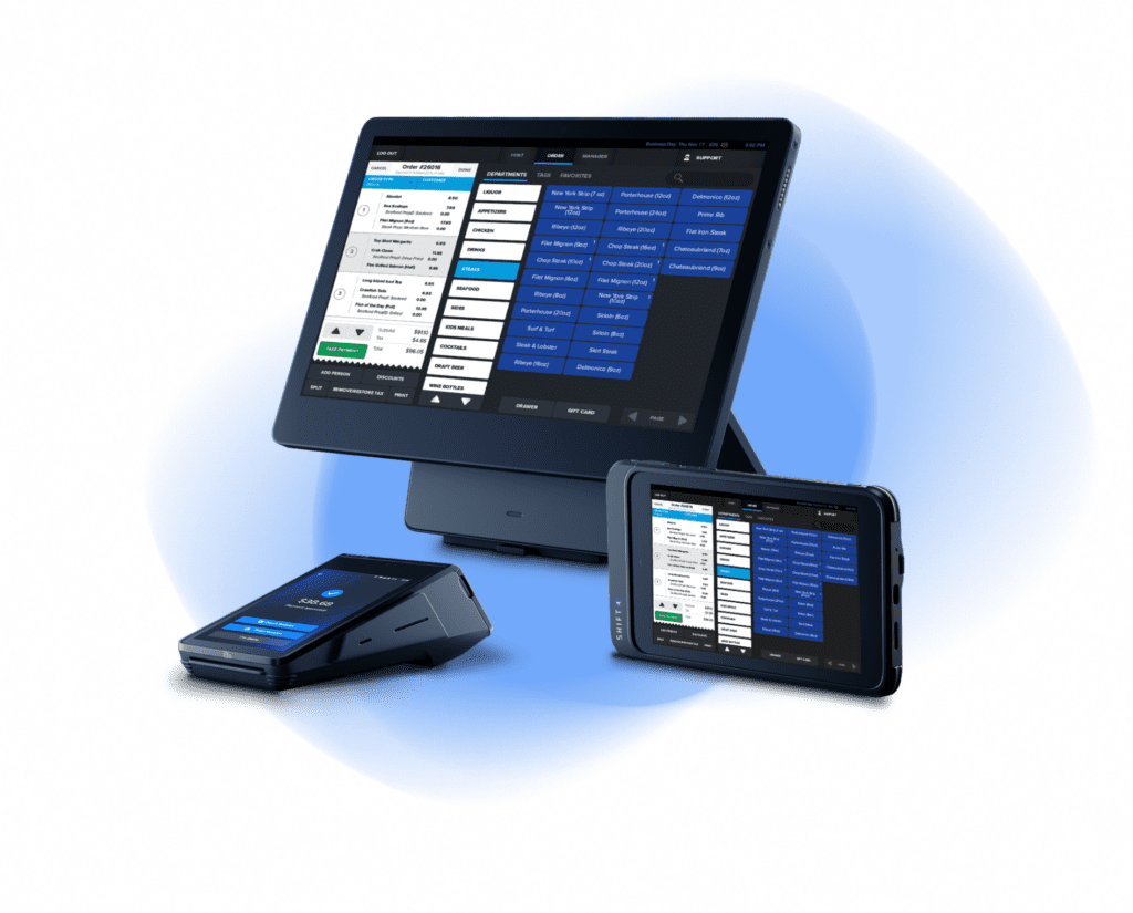 Shift4's POS system on desktop and tablet, tablet, and card reader