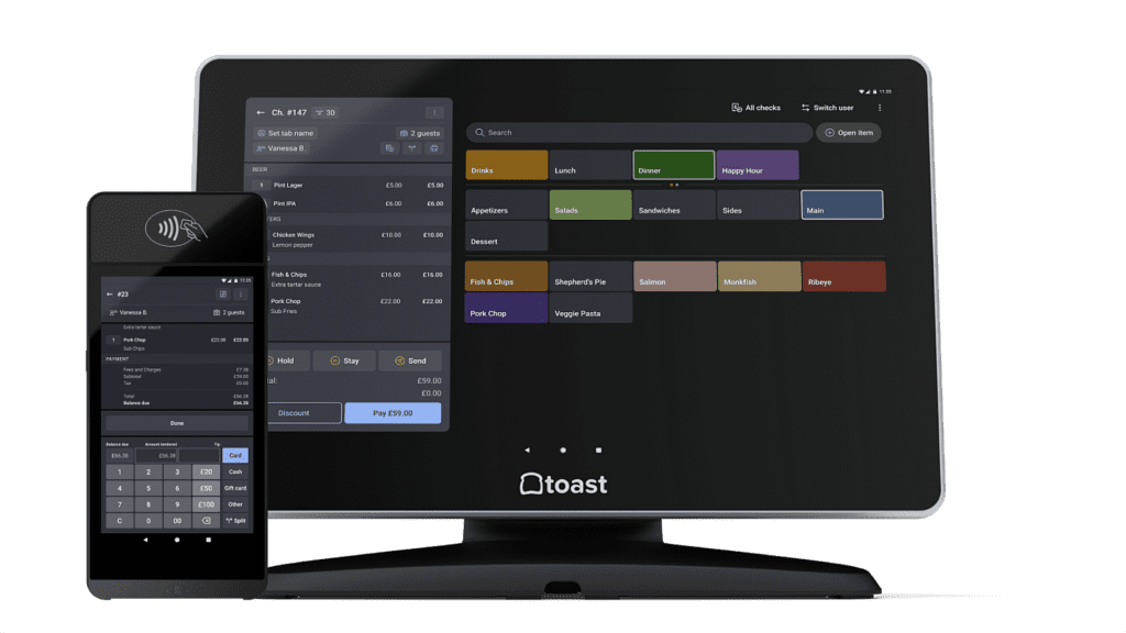 Toast's POS system on mobile and desktop