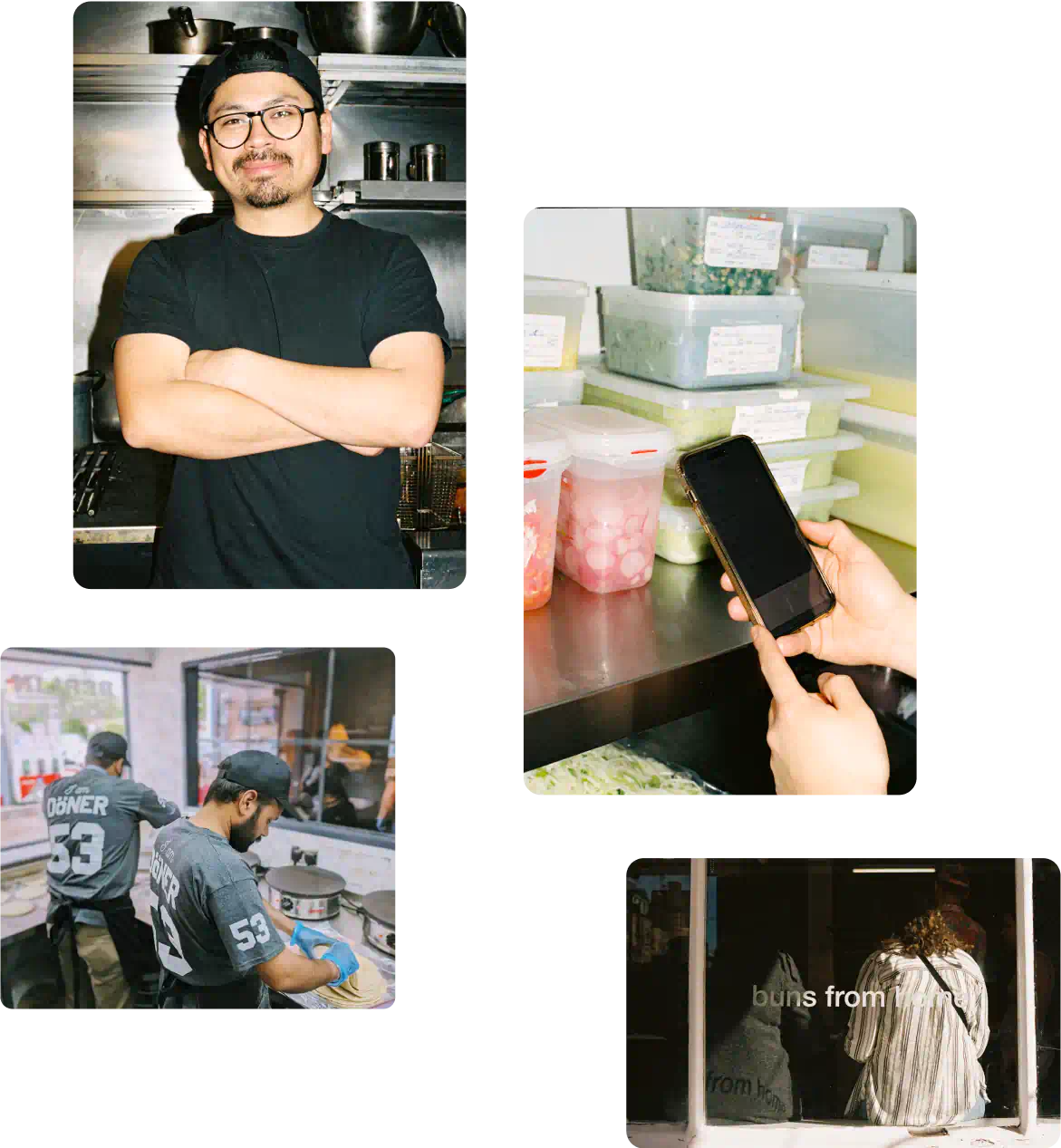 Four images showing kitchen and inventory operations: a chef with arms crossed, someone using a phone for inventory management, staff preparing food, and two people sitting outside a café with the words 'buns from home.'