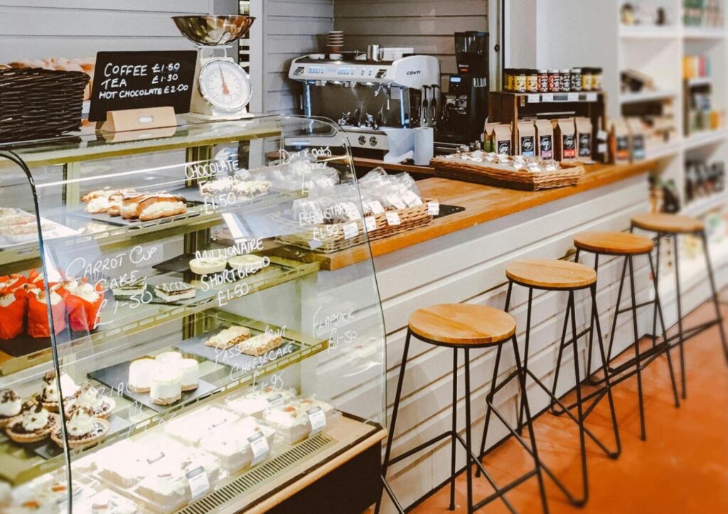 A bakery with cakes on display