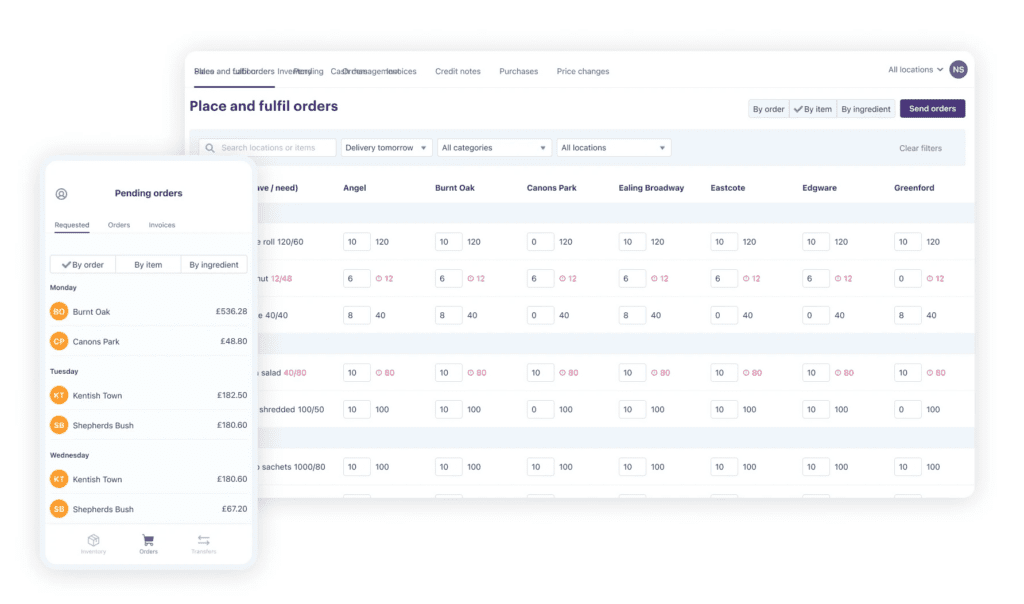 Nory's breakdown of inventory orders on mobile and desktop