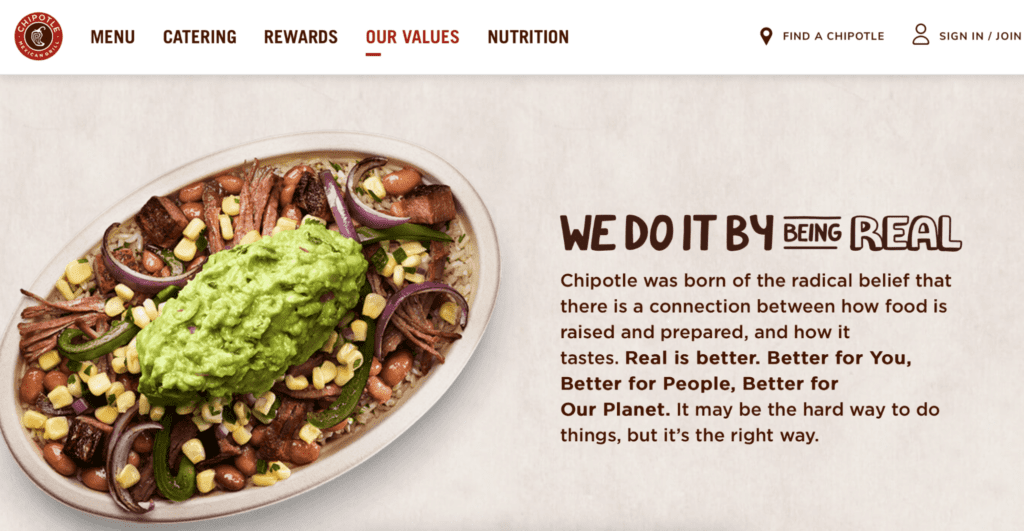 Chipotle website outlining their values