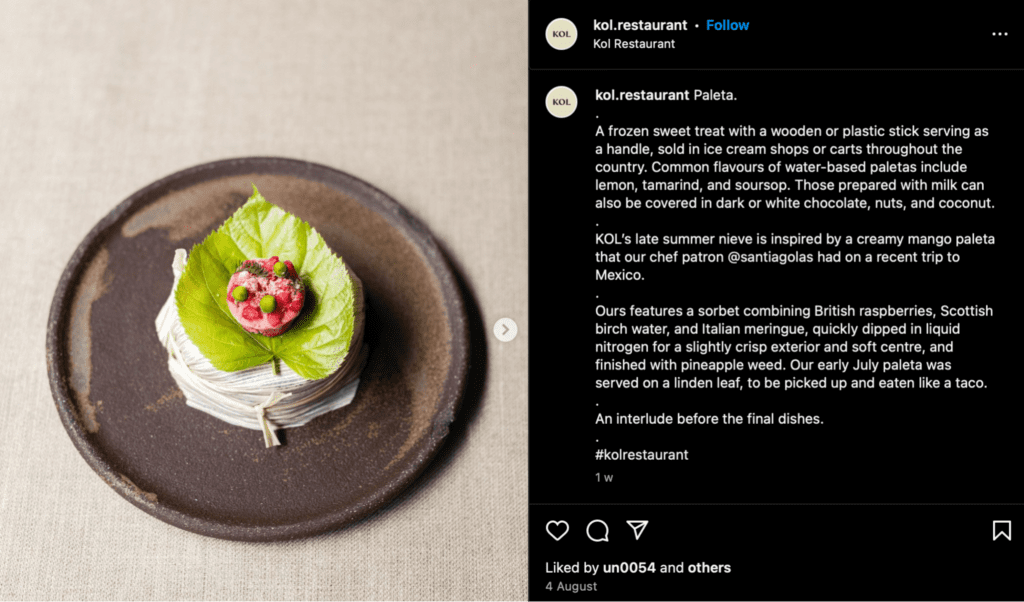 Instagram post from Kol with a new seasonal dessert