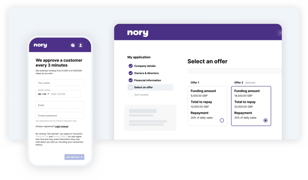 Nory Capital on mobile and desktop allowing user to secure restaurant funding