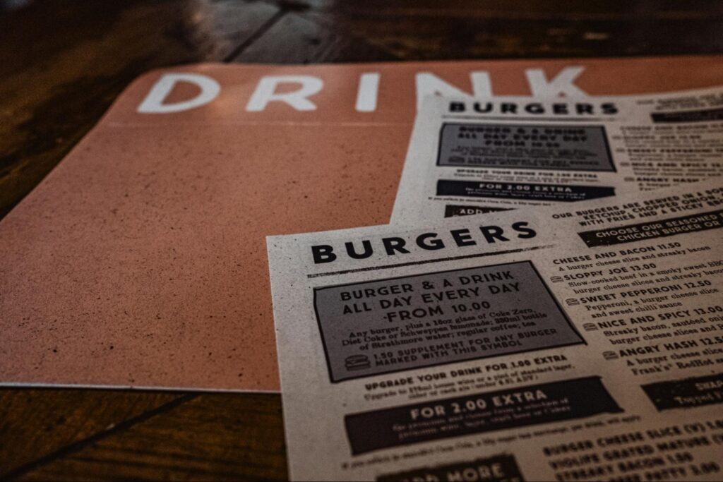 Prices on a burger menu