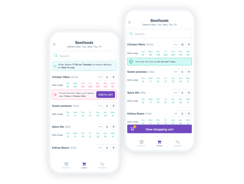 Nory's mobile app suggesting inventory orders to meet demand